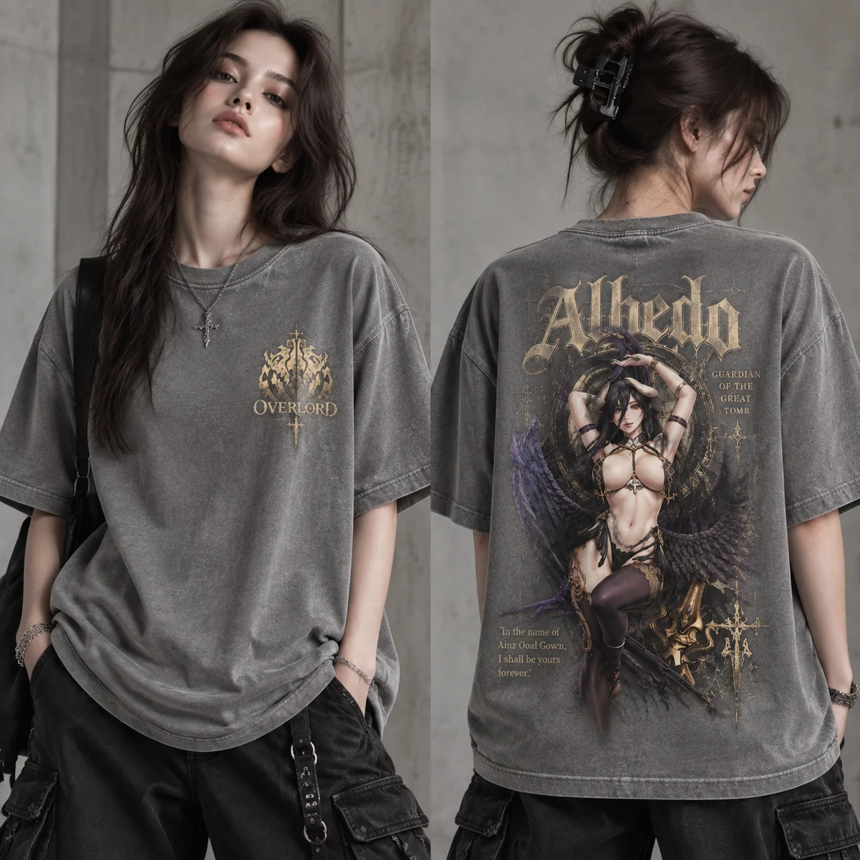 Acid Wash Vintage Graphic T Shirt - Albedo Overlord Graphic Tee, Double Sided