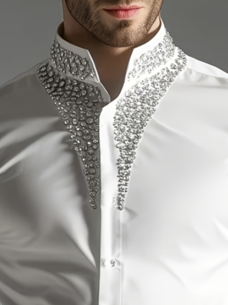 Luxury Rhinestone Shirt for Me - Mandarin Collar Formal Shirt Slim Fit ulasan dan harga