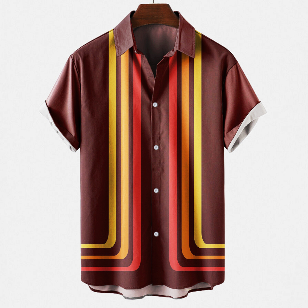 Men's Vintage Retro Striped Co - Short Sleeve Bowling Shirt Retro ulasan dan harga