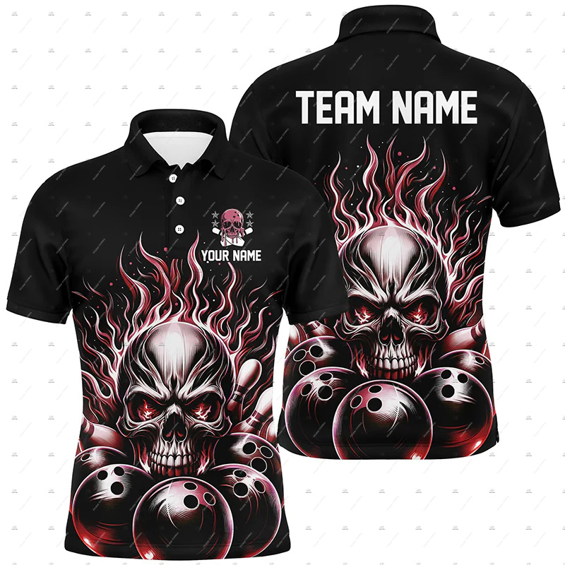 Custom Name Bowling Skull Flam - Short Sleeve Bowling Shirt Retro ulasan dan harga