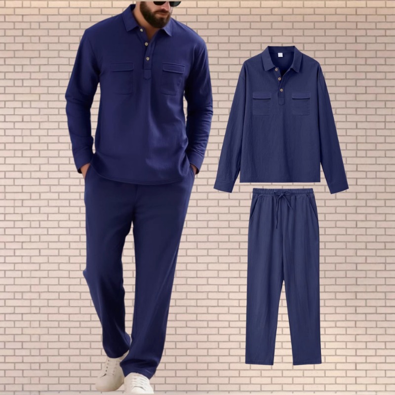 Mens Linen Blend Two Piece Set - Mens Linen Shirt Long Sleeve ulasan dan harga