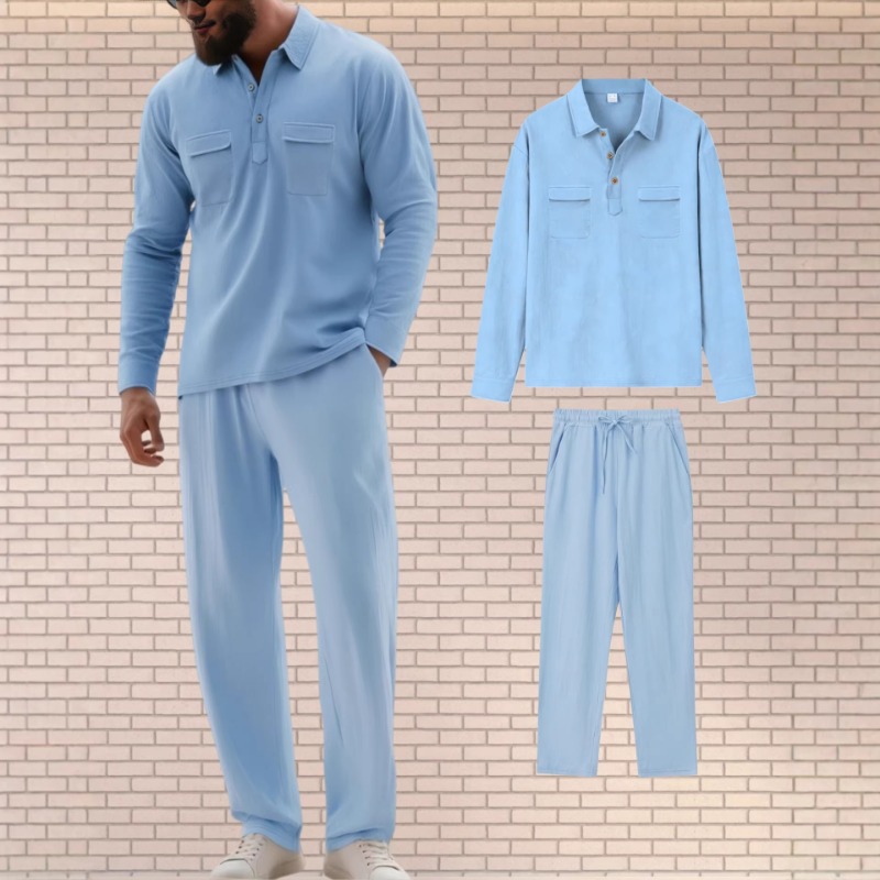 Mens Linen Blend Two Piece Set - Mens Linen Shirt Long Sleeve ulasan dan harga
