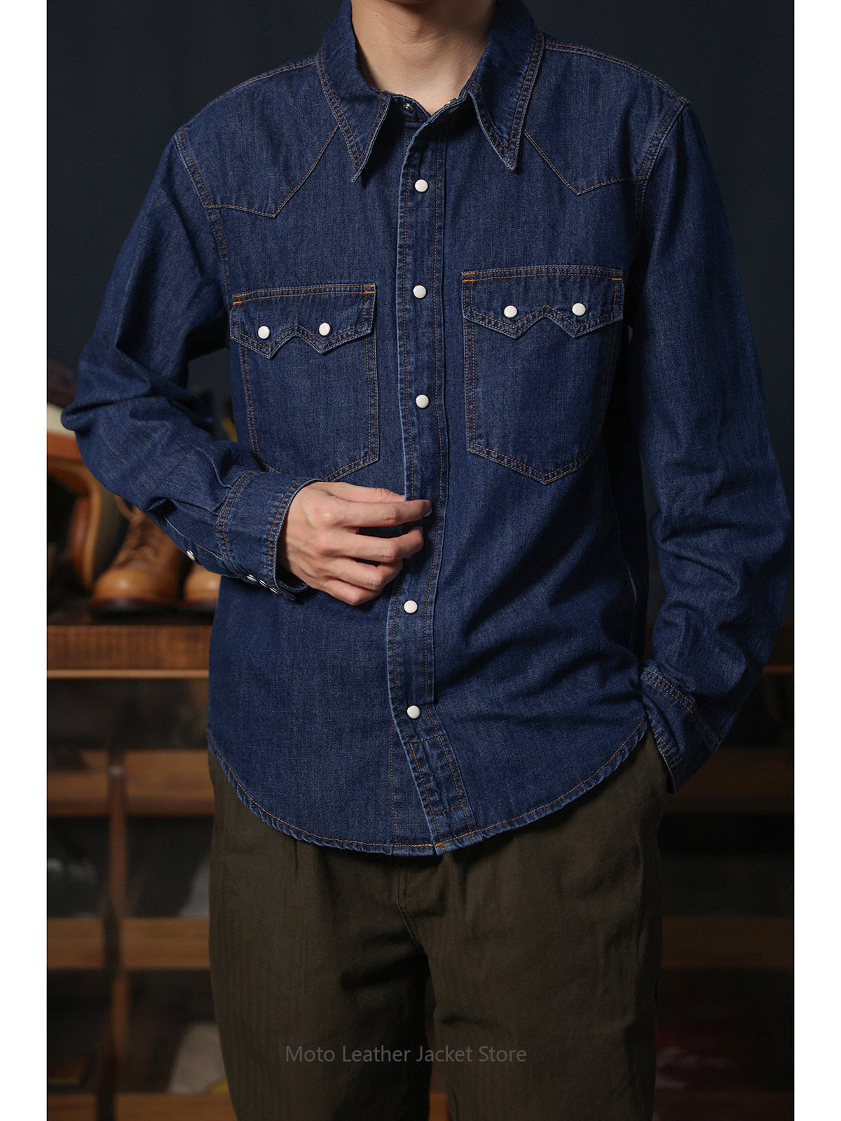 American Retro Western Denim S - Mens Western Denim Pearl Snap Shirt ulasan dan harga