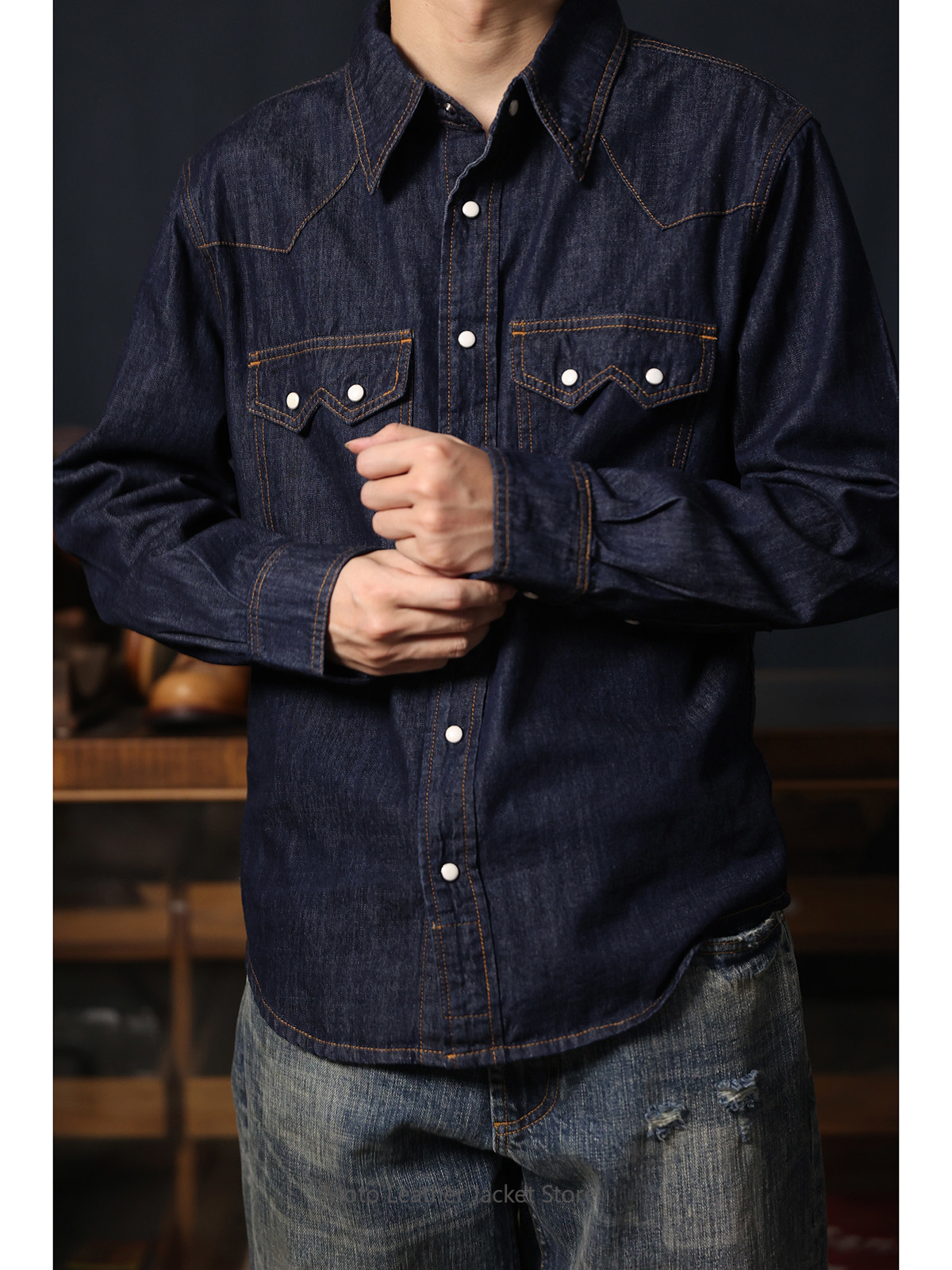 American Retro Western Denim S - Mens Western Denim Pearl Snap Shirt ulasan dan harga