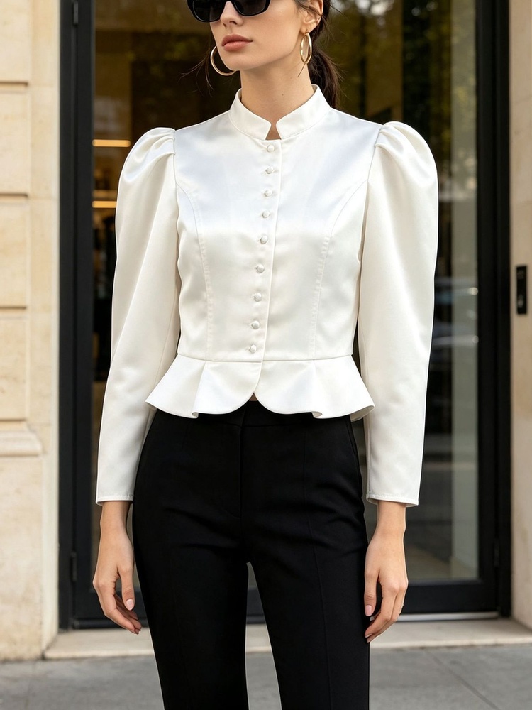 Tossy Peplum Blouse Long Sleev - Mandarin Collar Formal Shirt Slim Fit ulasan dan harga